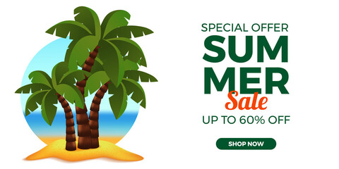 3d illustration palm coconut tree at the beach for summer sale offer banner promotion template