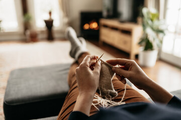 hands of woman knitting