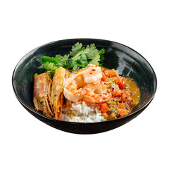 Isolated bowl of asian curry rice with langoustines