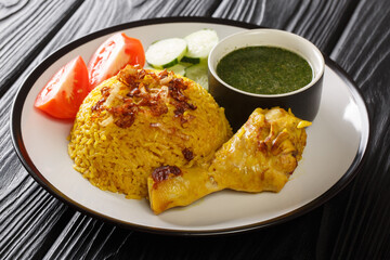 Thai Chicken Biryani Halal Chicken and Curry Rice Khao Mok Gai closeup in the plate. Horizontal