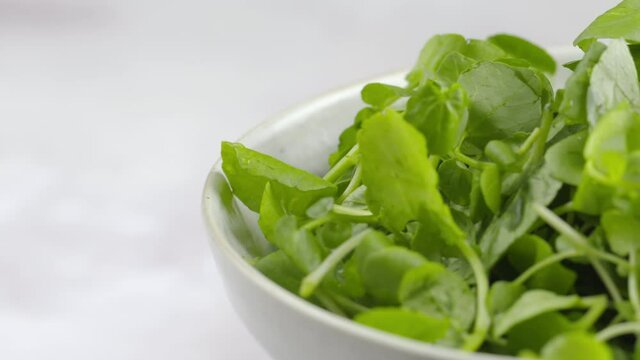 Pan Across Watercress Rotating In Bowl. Macro 4k Shot Of Organic Plant Based Raw Vegan Food. Green Fresh Salad Recipes. Spinning Watercress On Plate. Healthy Vegetarian Foods.