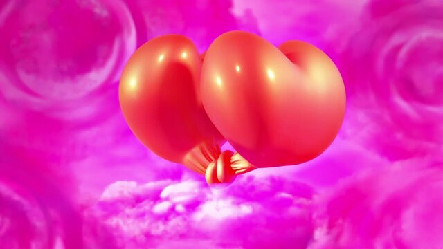 Heart-Shaped Balloons tied together in romantic pink cloudy setting 
