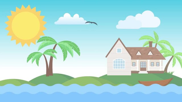 ANIMATION - Summer with a house, sun, ocean, clouds, and a flying bird