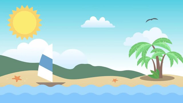 ANIMATION - Summer with a desert island, palm tree, boat, sun, ocean, and clouds