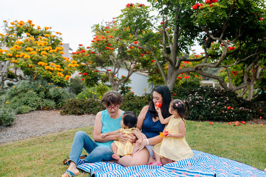 Three generations of asian females outdoors on blanket