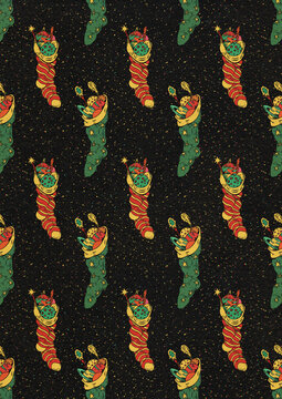 Starry Christmas Pattern Of Socks Filled With Planets