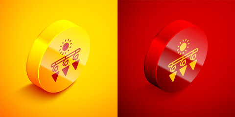 Isometric Drying grapes icon isolated on orange and red background. Dried grapes. Circle button. Vector