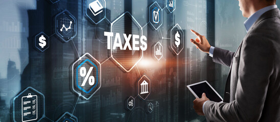 Concept of taxes paid by individuals and corporations such as VAT, income tax and property tax. Background for your business - obrazy, fototapety, plakaty
