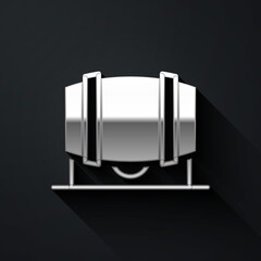 Silver Wooden barrel for wine icon isolated on black background. Long shadow style. Vector