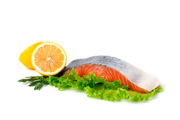 Fresh salmon fillet, on a white background, horizontal, no people,