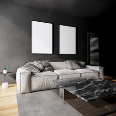 interior design of modern room. blank picture frame mock up and sofa on black wall, 3d rendering background