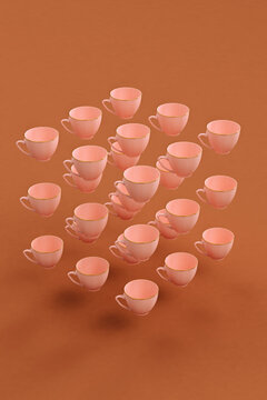 Pink coffee cup floating on brown background