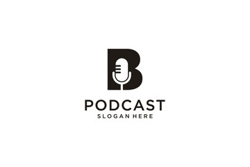 initial letter B with microphone podcast logo design template