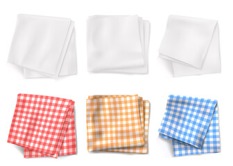 Gingham tablecloths and white kitchen towels top view. Vector realistic set of 3d folded table clothes with plaid pattern and linen napkins isolated on white background - obrazy, fototapety, plakaty