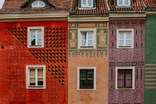 A row of coloured building in Poznan, Poland