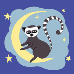lemur sitting on the moon icon. hand drawn doodle style. vector, cartoon. Nursery room decor, children print. cute animal. newborn, sticker, poster, card.