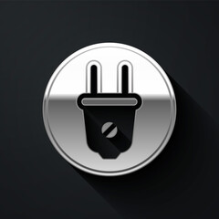Silver Electric plug icon isolated on black background. Concept of connection and disconnection of the electricity. Long shadow style. Vector