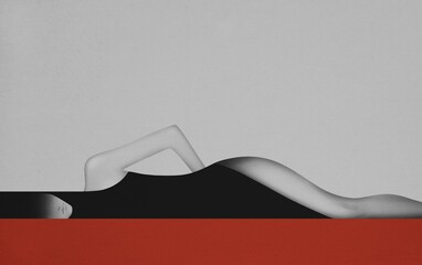 Attractive woman isolated on a red and gray background.