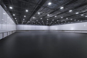 Empty hall exhibition center.Backdrop for exhibition stands,booth elements.
Conversation center for conference.Big Arena for entertainment,concert,event.
Indoor stadium for sport.Warehouse.3d render. - obrazy, fototapety, plakaty