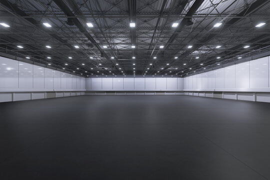 Empty Hall Exhibition Center.Backdrop For Exhibition Stands,booth Elements.
Conversation Center For Conference.Big Arena For Entertainment,concert,event.
Indoor Stadium For Sport.Warehouse.3d Render.