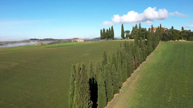 Beautiful landscape scenery of Tuscany in Italy - cypress trees along white road - aerial view.