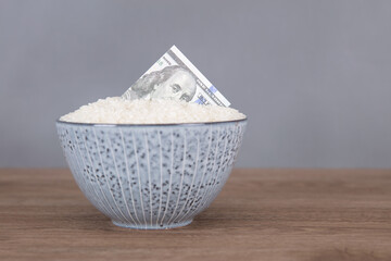 A bowl of rice and dollar bills