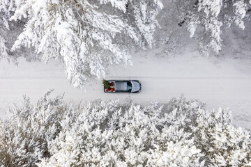 Pickup truck in a winter forest with a christmas tree and gift boxes