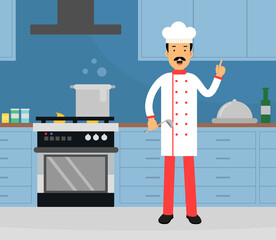 Man Chef at Kitchen with Ladle Cooking Dish Vector Illustration