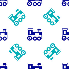 Blue Toy train icon isolated seamless pattern on white background. Vector