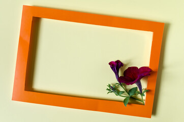 A colored frame decorated with red flowers on a light background of the mine space. Flat Ley bright orange frame and flower decor