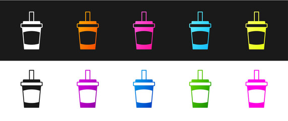 Set Paper glass with drinking straw and water icon isolated on black and white background. Soda drink glass. Fresh cold beverage symbol. Vector