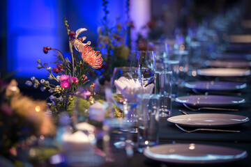 Decoration wedding, bouquet and glasses of bride and groom with champagne at a wedding