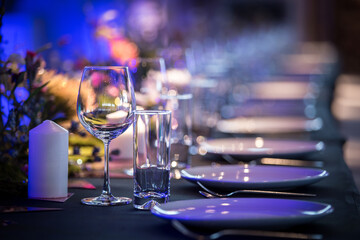 Decoration wedding, bouquet and glasses of bride and groom with champagne at a wedding