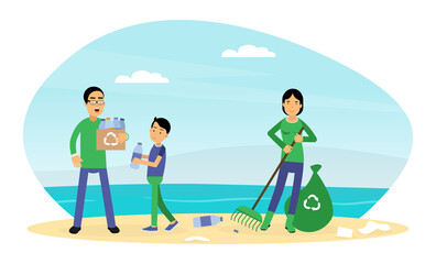 Young Man and Woman with Son Gathering Plastic Bottles for Recycling Contributing into Environment Preservation Vector Illustration