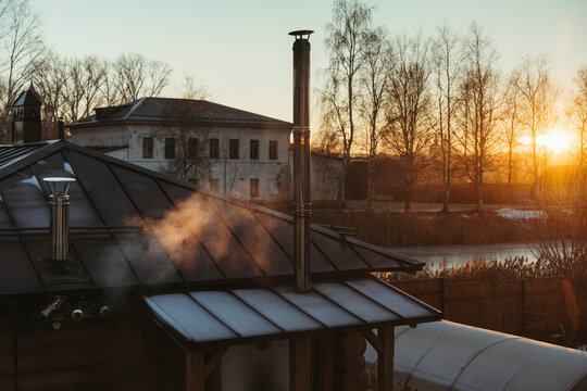 Sunset in the village in winter.