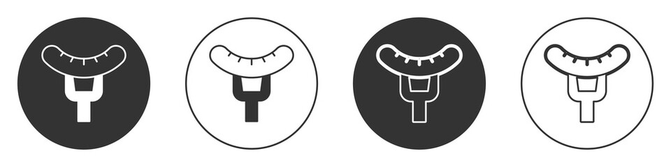 Black Sausage on the fork icon isolated on white background. Grilled sausage and aroma sign. Circle button. Vector