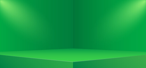 Green background for studio. 3D and realistic with stage