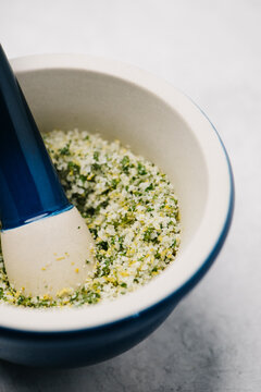 Lemon basil salt in a mortar and pestle