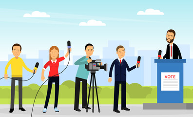 Male and Female Journalist Conducting Interview on Television Broadcast Reporting News and Information Vector Illustration