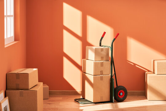 Trolley with packed boxes for relocation