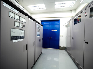 Electrical panel of inverter and battery charger systems for storage power from battery in power plant.