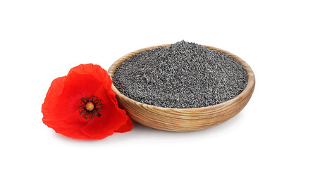 Bowl with poppy seeds and flower on white background