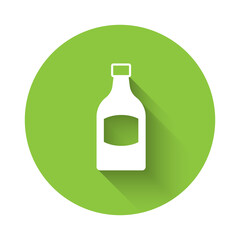 White Beer bottle icon isolated with long shadow background. Green circle button. Vector