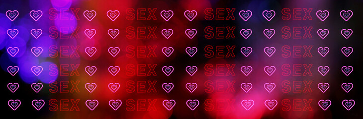Neon Sign Banner with hearts and colorful bokeh