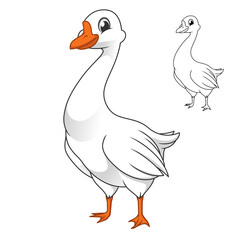 Cute Happy White Geese with Line Art Drawing, Animal Birds, Vector Character Illustration, Cartoon Mascot Logo in Isolated White Background.