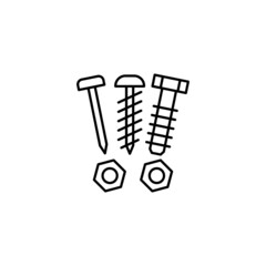 Bolt, nail, nut, rivet, screw icon in flat black line style, isolated on white background 