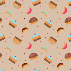 Wallpaper with cupcakes, sweets and sweet horns on a light brown background. Textile background with sweets for fabric, wrapping paper or backdrop.