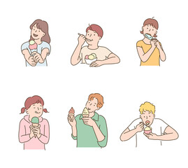Cute children are eating ice cream. hand drawn style vector design illustrations. 