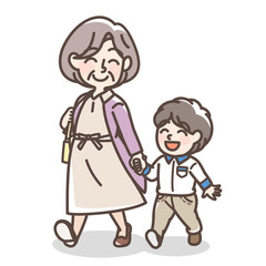 孫とでかけるおばあさん