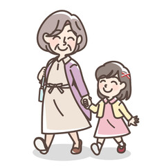 孫とでかけるおばあさん